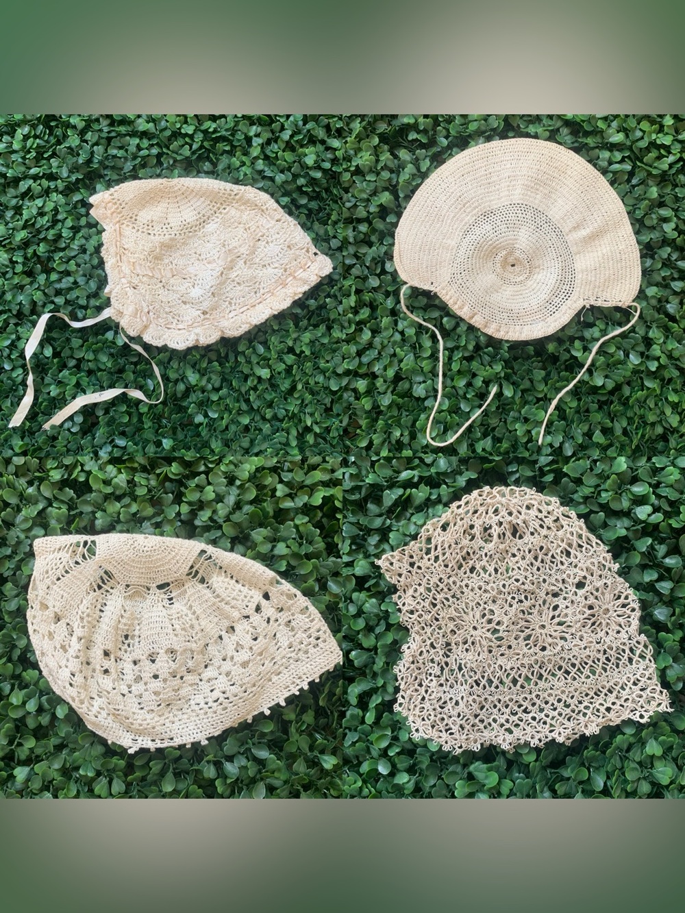 Antique handmade white cream infant baby bonnet bundle of 4